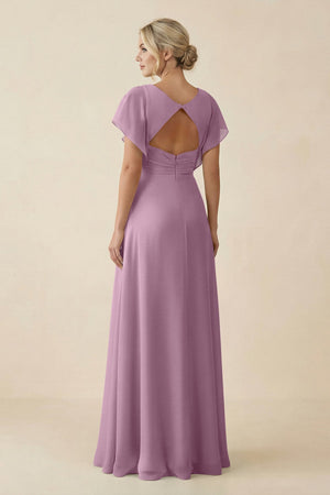 V - Neck Cap Sleeve Chiffon Bridesmaid Dress with Cut - out Back in Wisteria - SHE IS ME Bridesmaid Dresses