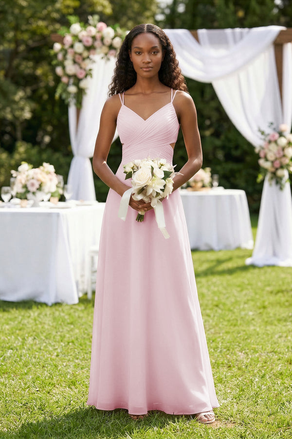 V - Neck Chiffon A - Line Cut - Out Bridesmaid Dress in Pale Blush - SHE IS ME Bridesmaid Dresses
