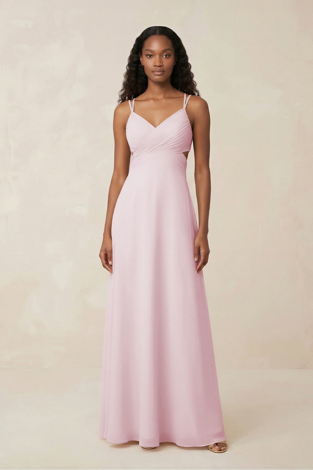 V - Neck Chiffon A - Line Cut - Out Bridesmaid Dress in Pale Blush - SHE IS ME Bridesmaid Dresses