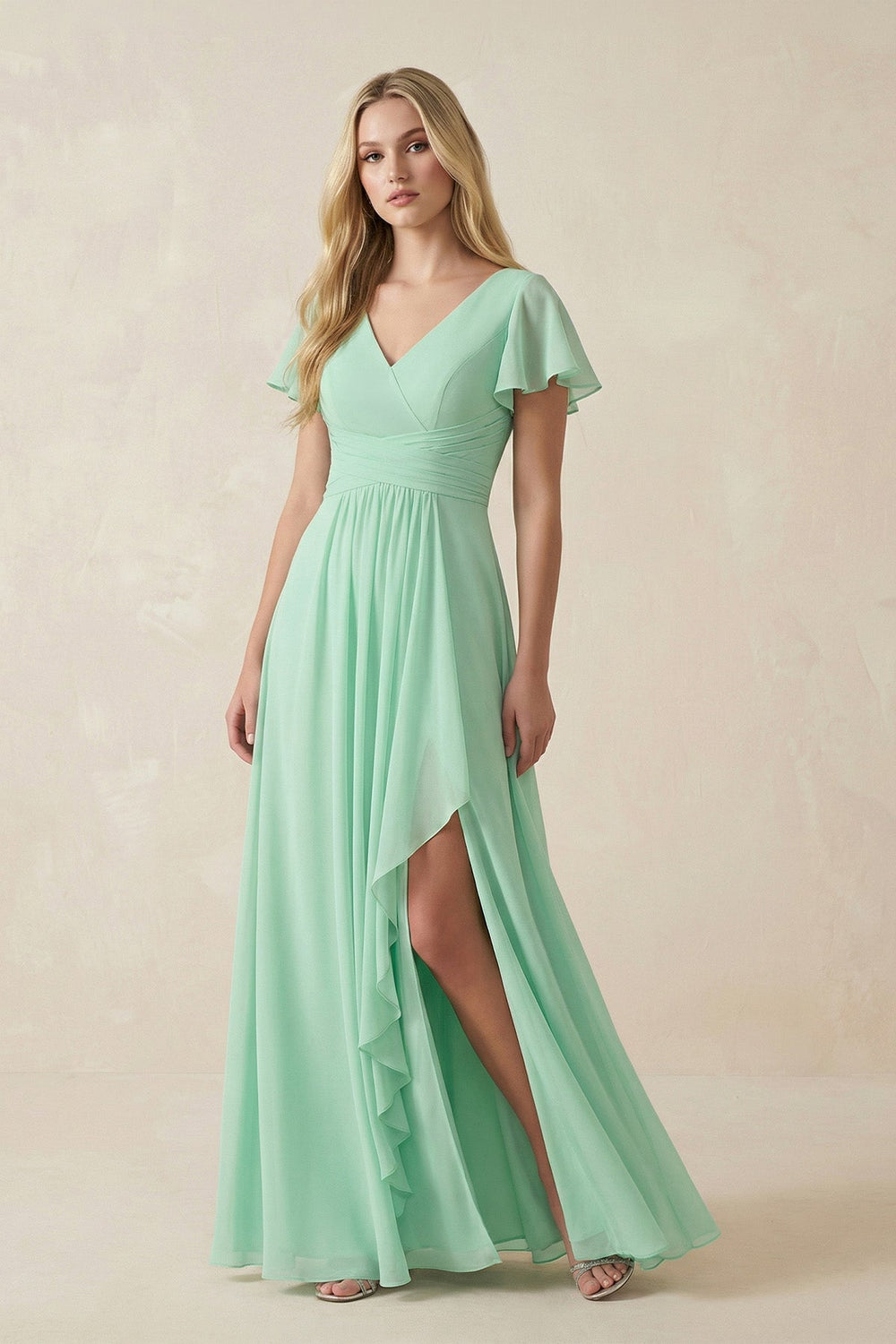 V-Neck Flutter Sleeve A-Line Chiffon Bridesmaid Dress in Pale Pistachio - SHE IS ME BRIDESMAID DRESSES