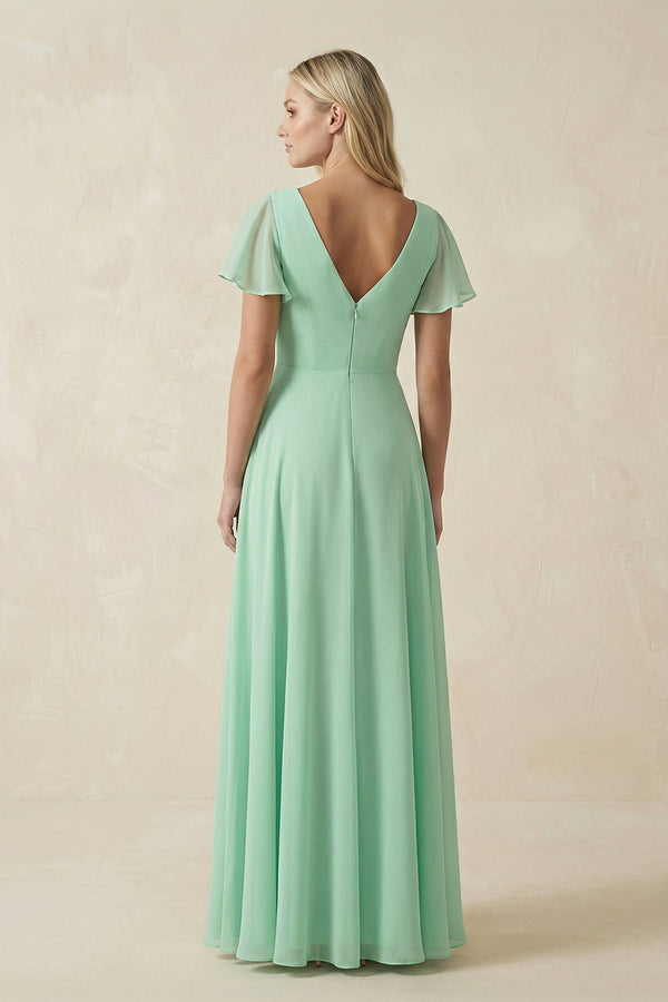 V-Neck Flutter Sleeve A-Line Chiffon Bridesmaid Dress in Pale Pistachio - SHE IS ME BRIDESMAID DRESSES