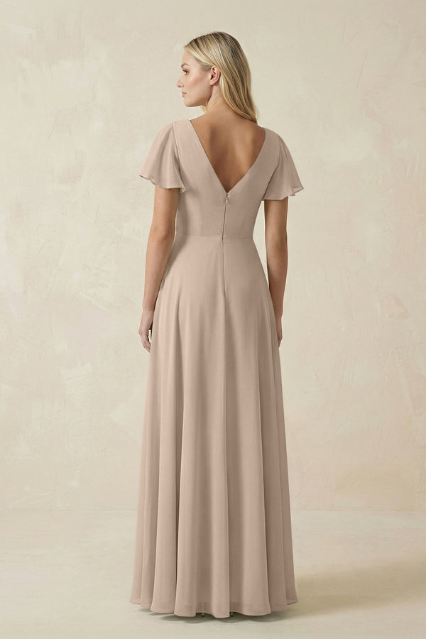 V - Neck Flutter Sleeve A - Line Chiffon Bridesmaid Dress in Almond - SHE IS ME Bridesmaid Dresses