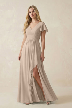 V - Neck Flutter Sleeve A - Line Chiffon Bridesmaid Dress in Almond - SHE IS ME Bridesmaid Dresses