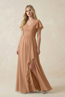 V - Neck Flutter Sleeve A - Line Chiffon Bridesmaid Dress in Bronzer - SHE IS ME Bridesmaid Dresses