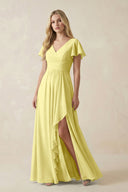 V - Neck Flutter Sleeve A - Line Chiffon Bridesmaid Dress in Buttercup - SHE IS ME Bridesmaid Dresses