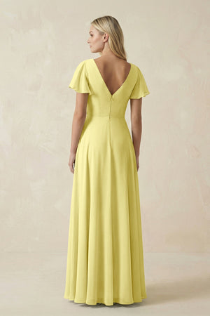 V - Neck Flutter Sleeve A - Line Chiffon Bridesmaid Dress in Buttercup - SHE IS ME Bridesmaid Dresses