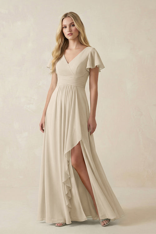 V - Neck Flutter Sleeve A - Line Chiffon Bridesmaid Dress in Champagne - SHE IS ME Bridesmaid Dresses