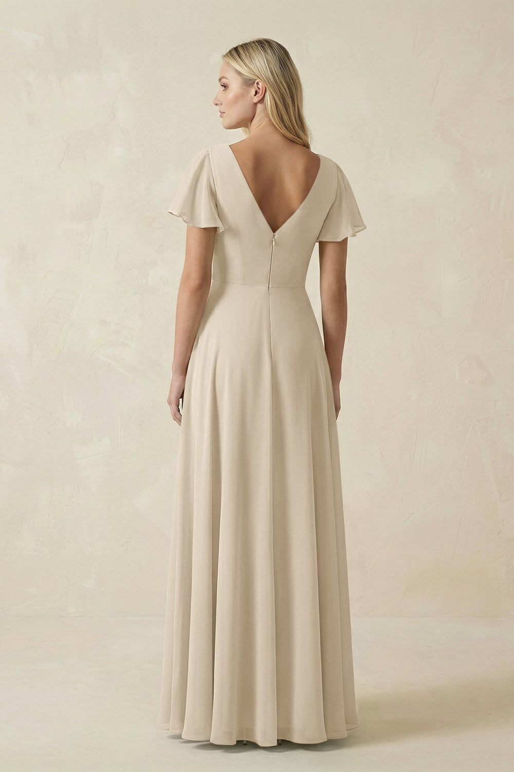 V - Neck Flutter Sleeve A - Line Chiffon Bridesmaid Dress in Champagne - SHE IS ME Bridesmaid Dresses
