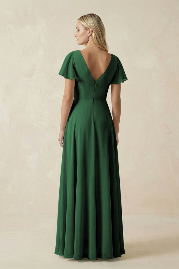V - Neck Flutter Sleeve A - Line Chiffon Bridesmaid Dress in Dark Green - SHE IS ME Bridesmaid Dresses
