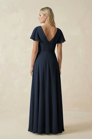 V - Neck Flutter Sleeve A - Line Chiffon Bridesmaid Dress in Dark Navy - SHE IS ME Bridesmaid Dresses