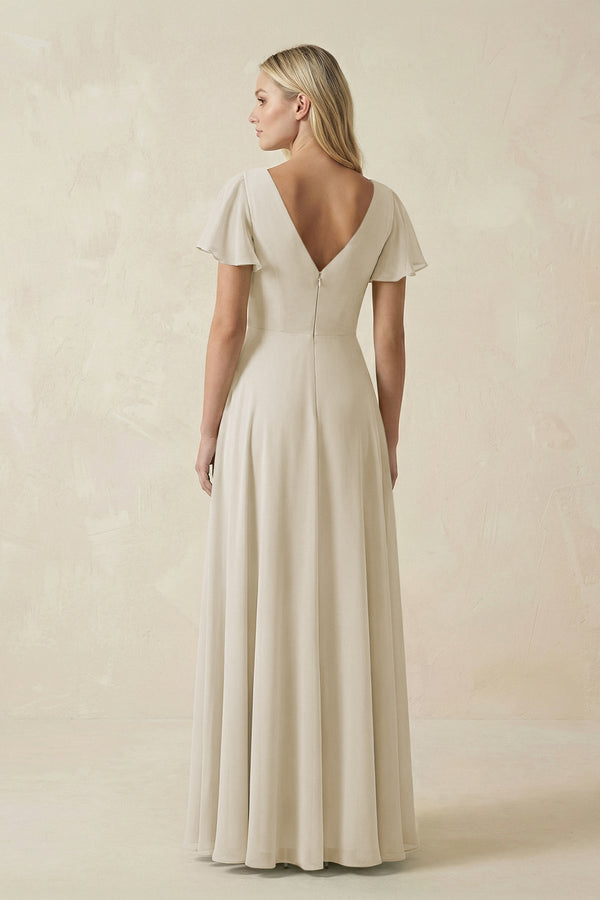 V - Neck Flutter Sleeve A - Line Chiffon Bridesmaid Dress in Dove Gray - SHE IS ME Bridesmaid Dresses