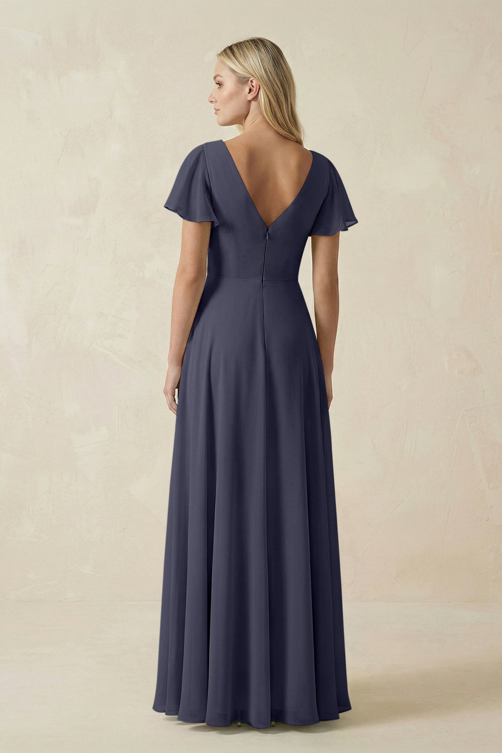 V - Neck Flutter Sleeve A - Line Chiffon Bridesmaid Dress in Dusk Blue - SHE IS ME Bridesmaid Dresses