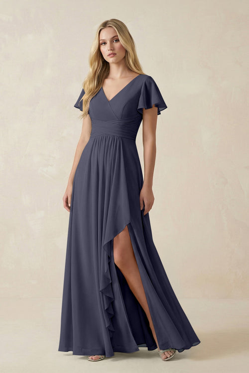 V - Neck Flutter Sleeve A - Line Chiffon Bridesmaid Dress in Dusk Blue - SHE IS ME Bridesmaid Dresses