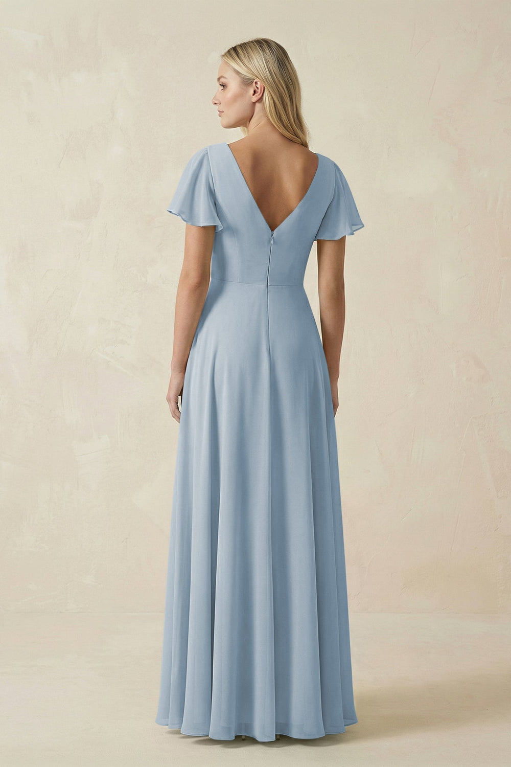 V - Neck Flutter Sleeve A - Line Chiffon Bridesmaid Dress in Dusty Blue - SHE IS ME Bridesmaid Dresses