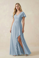 V - Neck Flutter Sleeve A - Line Chiffon Bridesmaid Dress in Dusty Blue - SHE IS ME Bridesmaid Dresses