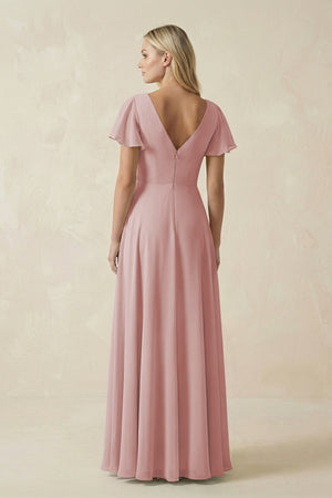 V - Neck Flutter Sleeve A - Line Chiffon Bridesmaid Dress in Dusty Rose - SHE IS ME Bridesmaid Dresses