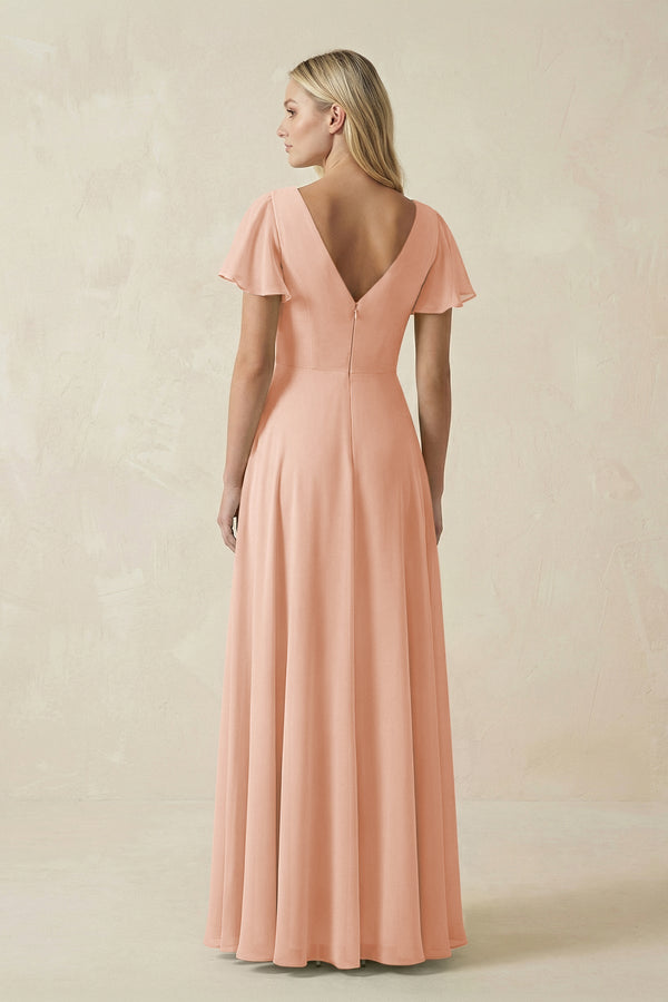 V - Neck Flutter Sleeve A - Line Chiffon Bridesmaid Dress in English Rose - SHE IS ME Bridesmaid Dresses