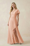 V - Neck Flutter Sleeve A - Line Chiffon Bridesmaid Dress in English Rose - SHE IS ME Bridesmaid Dresses