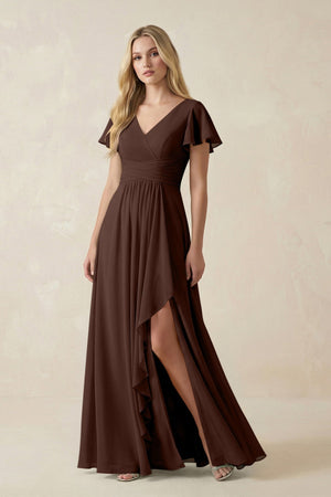 V - Neck Flutter Sleeve A - Line Chiffon Bridesmaid Dress in Espresso - SHE IS ME Bridesmaid Dresses