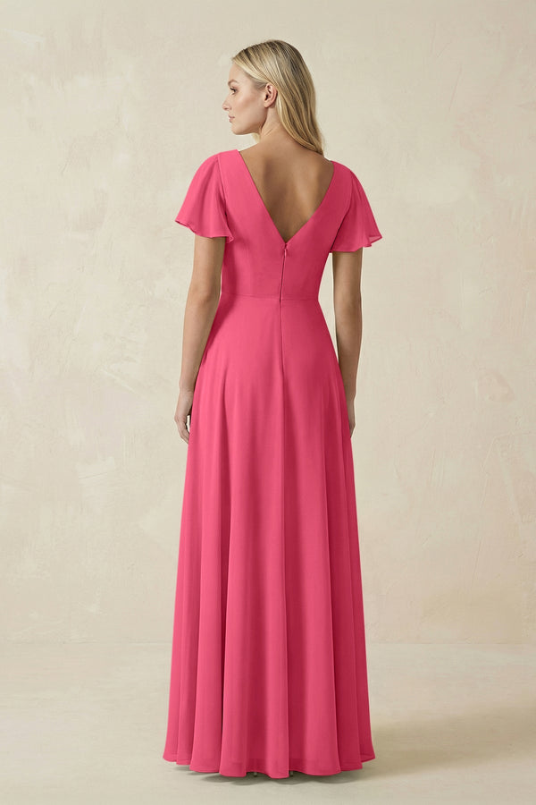 V - Neck Flutter Sleeve A - Line Chiffon Bridesmaid Dress in Fuchsia - SHE IS ME Bridesmaid Dresses