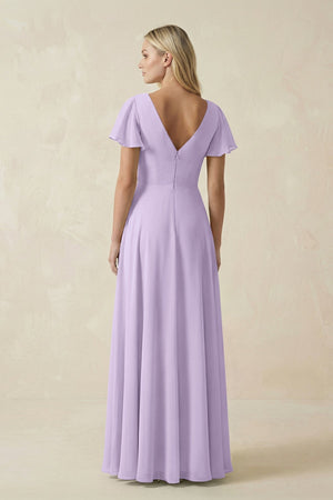 V - Neck Flutter Sleeve A - Line Chiffon Bridesmaid Dress in Lavender - SHE IS ME Bridesmaid Dresses