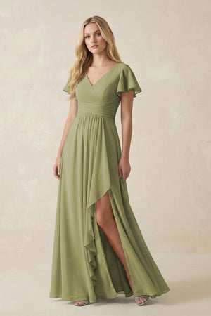 V - Neck Flutter Sleeve A - Line Chiffon Bridesmaid Dress in Moss Green - SHE IS ME Bridesmaid Dresses