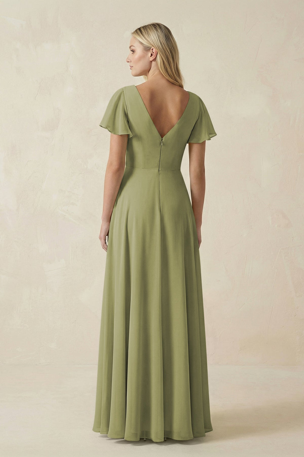 V - Neck Flutter Sleeve A - Line Chiffon Bridesmaid Dress in Moss Green - SHE IS ME Bridesmaid Dresses