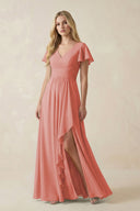 V - Neck Flutter Sleeve A - Line Chiffon Bridesmaid Dress in Mulberry - SHE IS ME Bridesmaid Dresses
