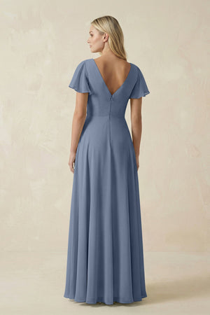 V - Neck Flutter Sleeve A - Line Chiffon Bridesmaid Dress in Neptune - SHE IS ME Bridesmaid Dresses