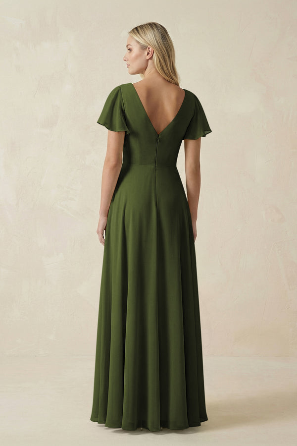 V - Neck Flutter Sleeve A - Line Chiffon Bridesmaid Dress in Olive - SHE IS ME Bridesmaid Dresses