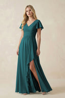 V - Neck Flutter Sleeve A - Line Chiffon Bridesmaid Dress in Pine - SHE IS ME Bridesmaid Dresses