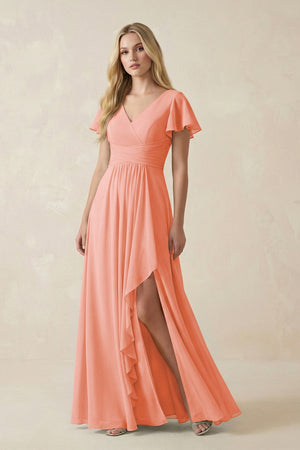 V - Neck Flutter Sleeve A - Line Chiffon Bridesmaid Dress in Rosette - SHE IS ME Bridesmaid Dresses