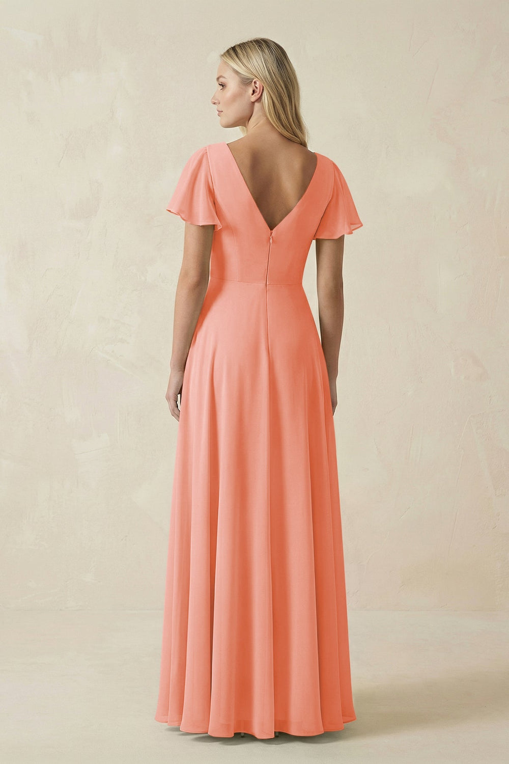 V - Neck Flutter Sleeve A - Line Chiffon Bridesmaid Dress in Rosette - SHE IS ME Bridesmaid Dresses