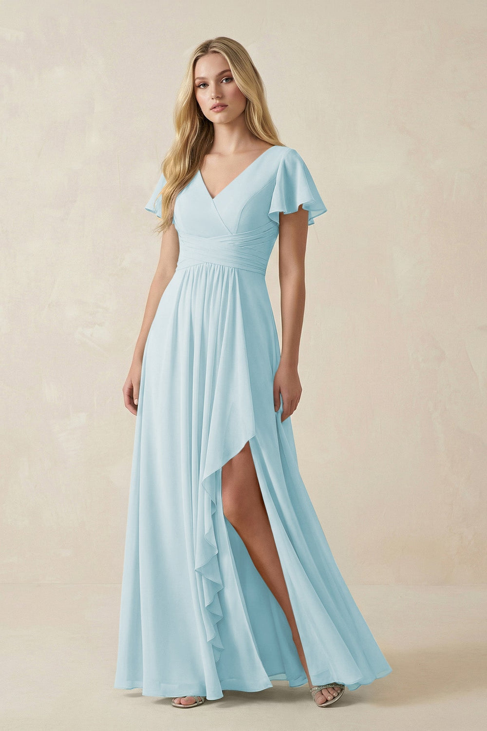 V - Neck Flutter Sleeve A - Line Chiffon Bridesmaid Dress in Sky Blue - SHE IS ME Bridesmaid Dresses
