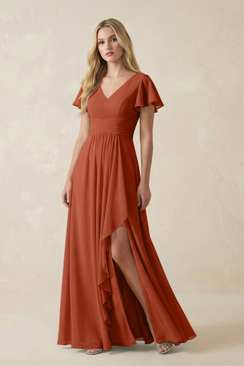 V - Neck Flutter Sleeve A - Line Chiffon Bridesmaid Dress in Spice - SHE IS ME Bridesmaid Dresses