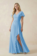 V - Neck Flutter Sleeve A - Line Chiffon Bridesmaid Dress in Steel Blue - SHE IS ME Bridesmaid Dresses