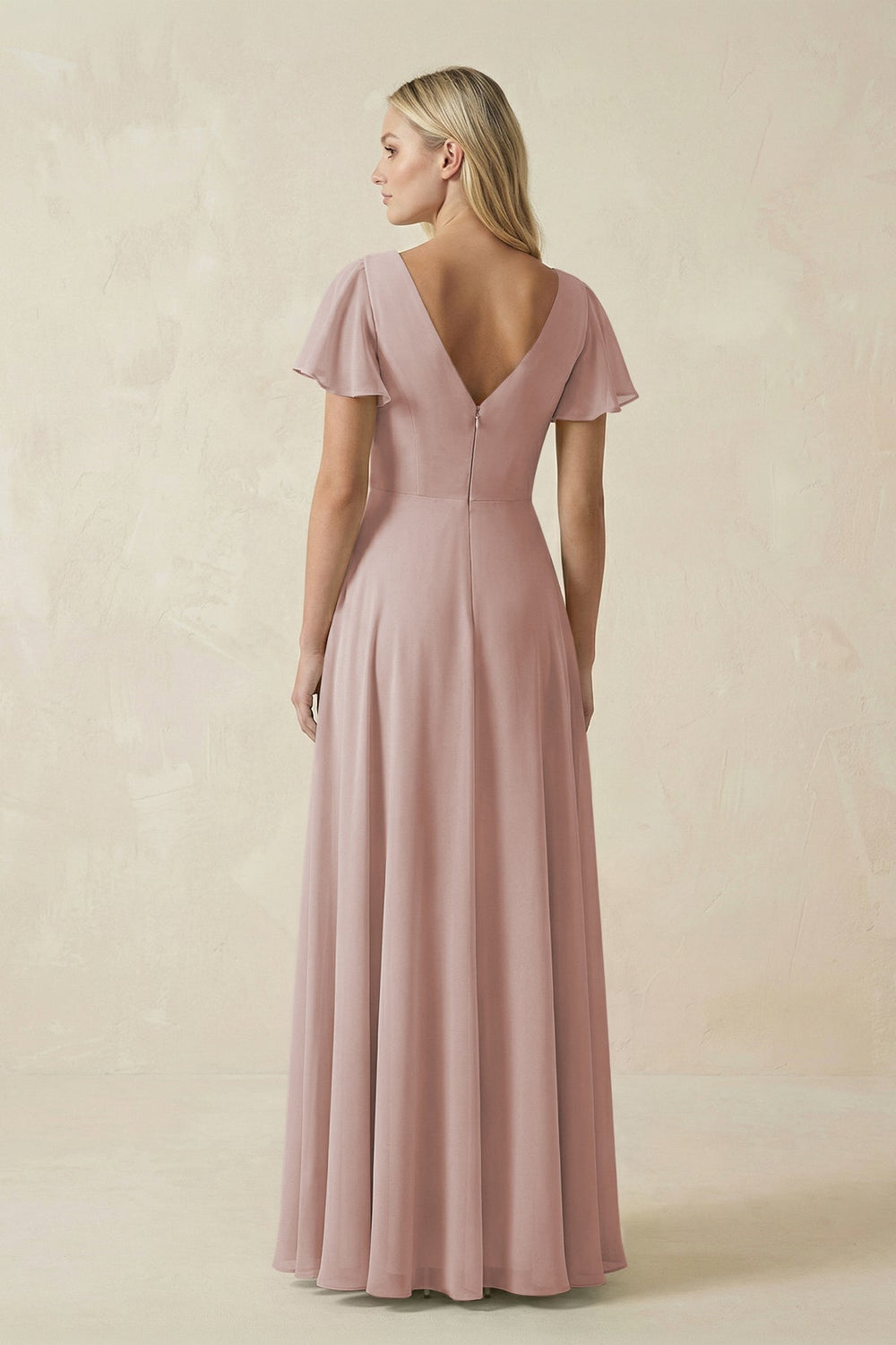 V - Neck Flutter Sleeve A - Line Chiffon Bridesmaid Dress in Toffee - SHE IS ME Bridesmaid Dresses