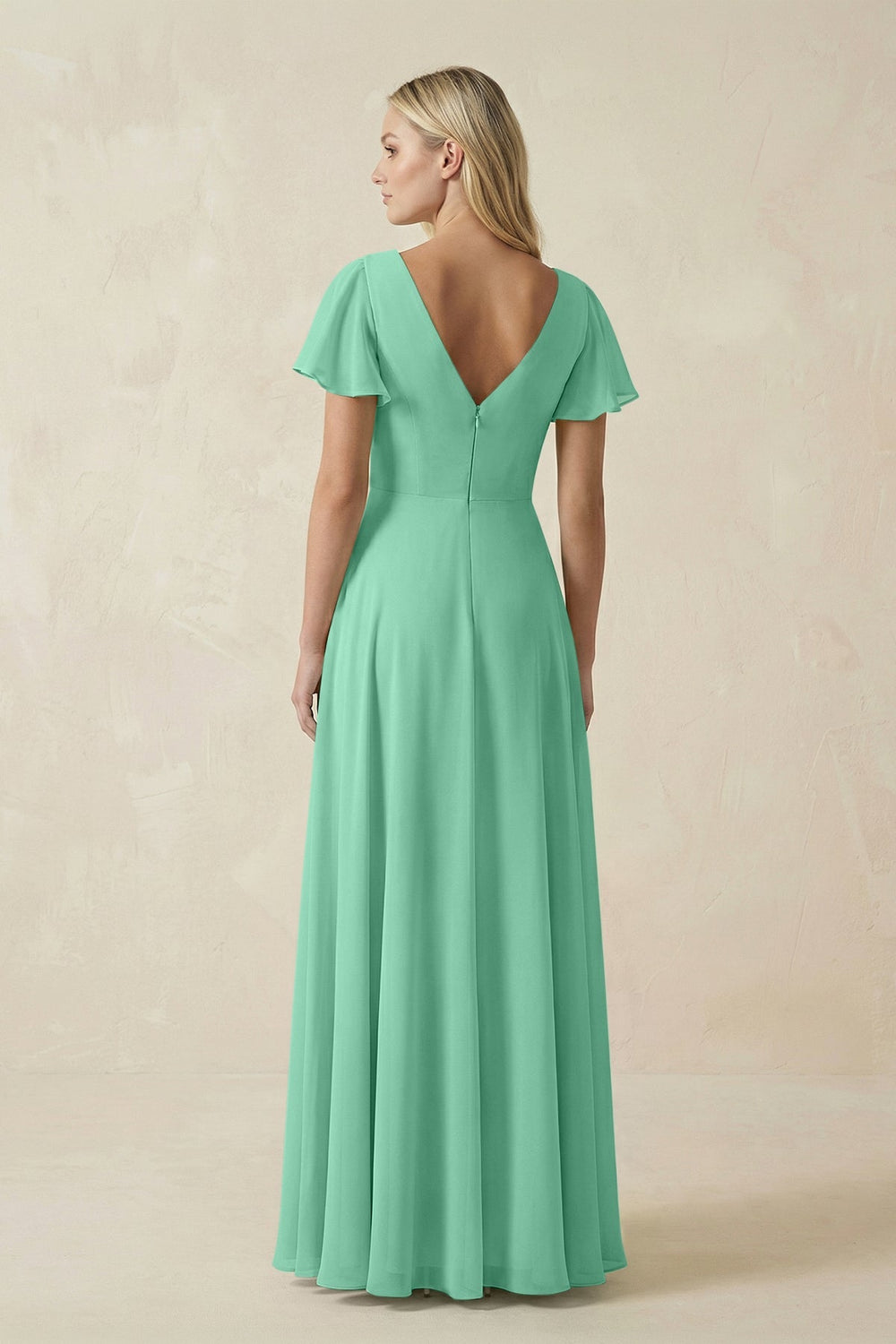 V - Neck Flutter Sleeve A - Line Chiffon Bridesmaid Dress in Turquoise - SHE IS ME Bridesmaid Dresses