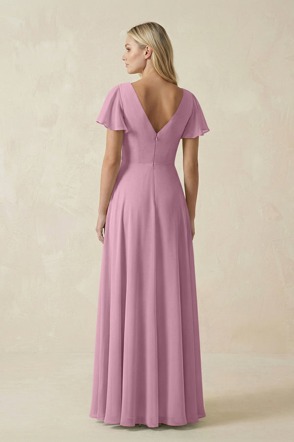 V - Neck Flutter Sleeve A - Line Chiffon Bridesmaid Dress in Vintage Mauve - SHE IS ME Bridesmaid Dresses