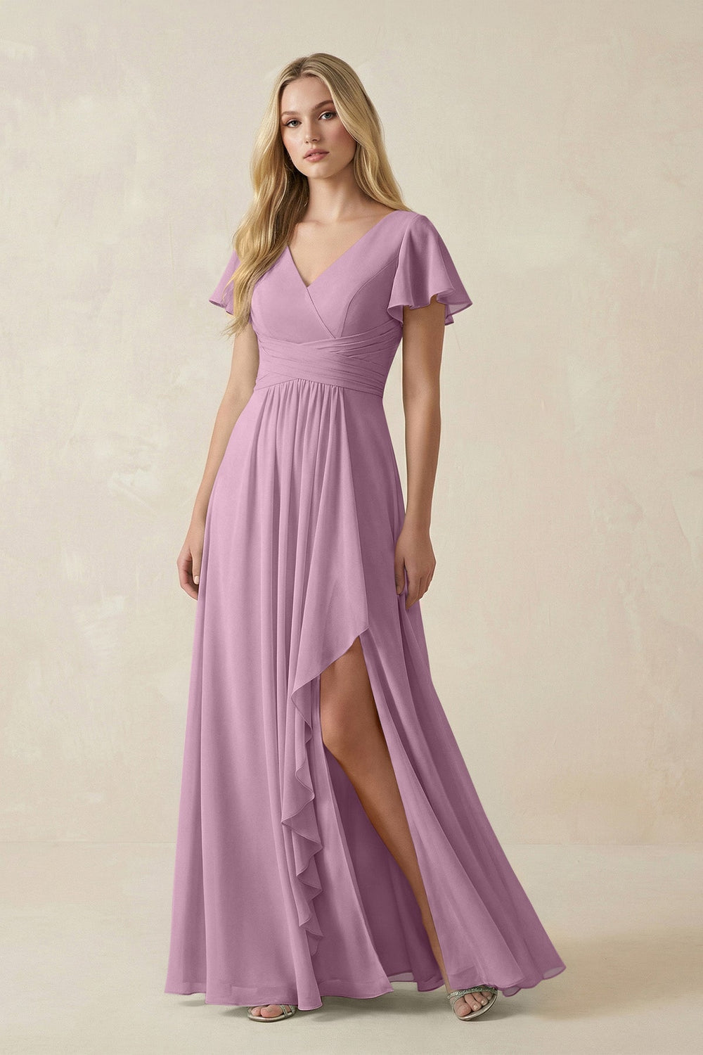 V - Neck Flutter Sleeve A - Line Chiffon Bridesmaid Dress in Wisteria - SHE IS ME Bridesmaid Dresses
