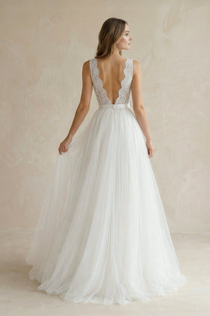 V - Neck Lace Bodice A - Line Tulle Wedding Dress - SHE IS ME Wedding Dresses