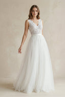V - Neck Lace Bodice A - Line Tulle Wedding Dress - SHE IS ME Wedding Dresses
