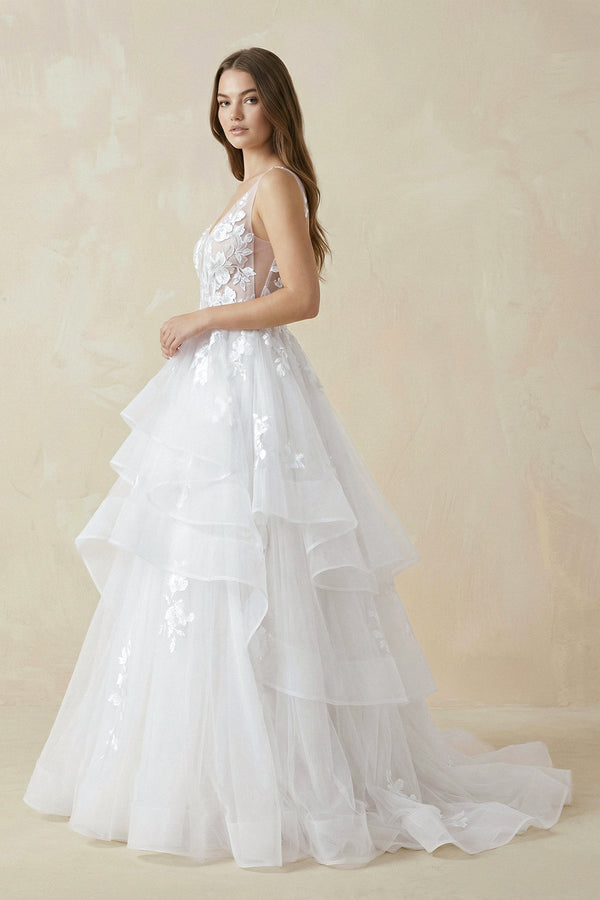 V - Neck Organza A - Line Wedding Dress with Appliqué - SHE IS ME Wedding Dresses