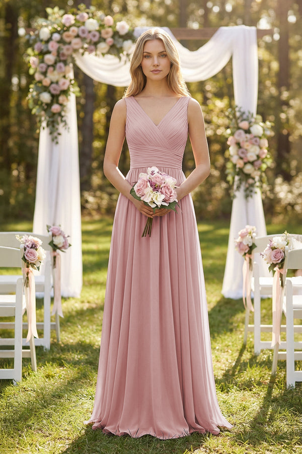 V - Neck Pleated A - Line Bridesmaid Dress in Dusty Rose - SHE IS ME Bridesmaid Dresses