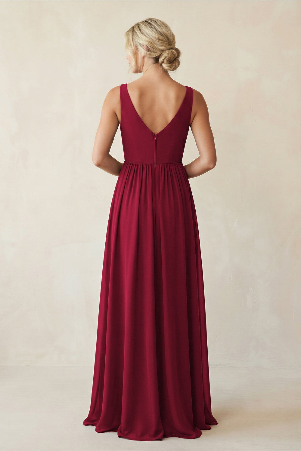 V - Neck Pleated A - Line Chiffon Bridesmaid Dress in Berry - SHE IS ME Bridesmaid Dresses