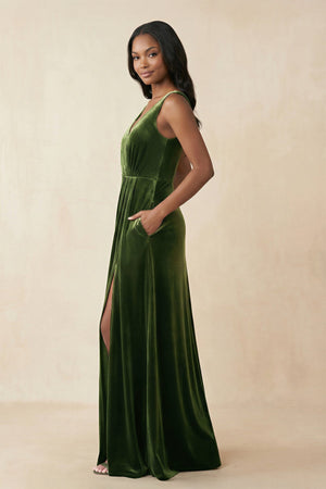 V - Neck Ruched A - Line Velvet Bridesmaid Dress in Olive - SHE IS ME Bridesmaid Dresses