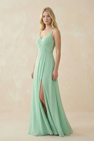 V-Neck Ruched Chiffon Bridesmaid Dress with Slit in Pale Pistachio - SHE IS ME BRIDESMAID DRESSES