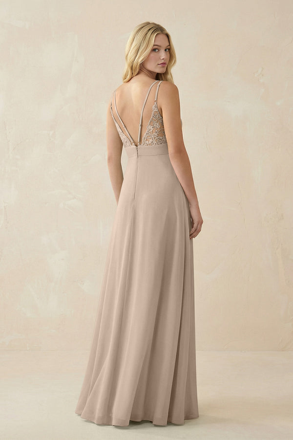 V - Neck Ruched Chiffon Bridesmaid Dress with Slit in Almond - SHE IS ME Bridesmaid Dresses