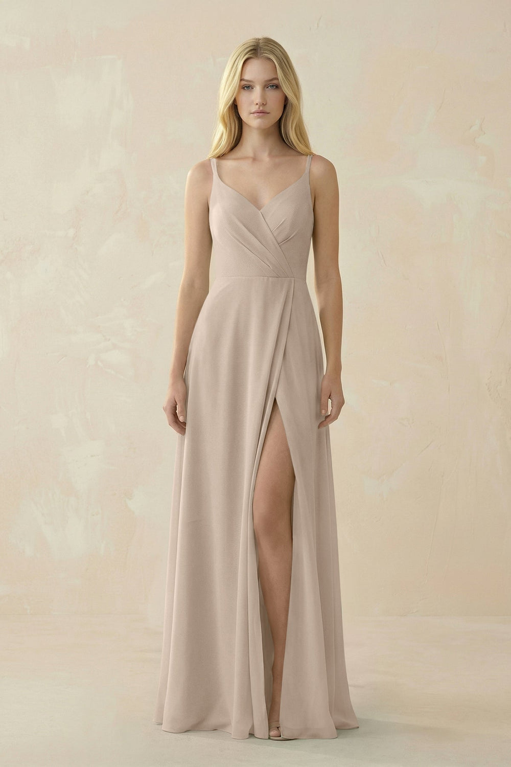 V - Neck Ruched Chiffon Bridesmaid Dress with Slit in Almond - SHE IS ME Bridesmaid Dresses