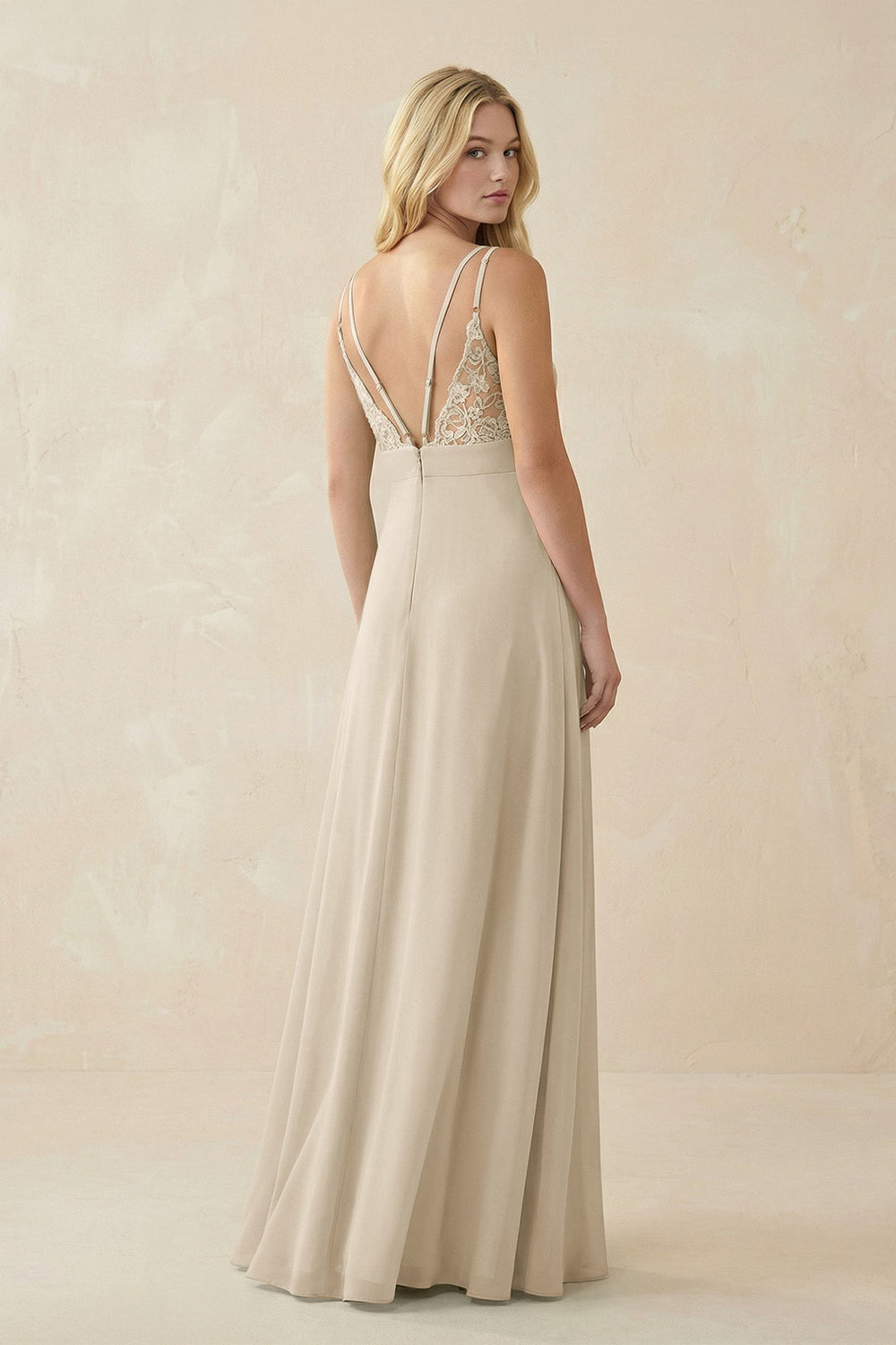 V - Neck Ruched Chiffon Bridesmaid Dress with Slit in Champagne - SHE IS ME Bridesmaid Dresses